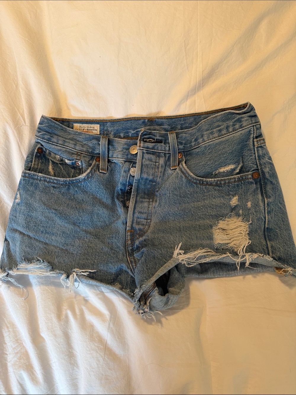 Levi's 501 Distressed Light Blue Denim Cutoff Shorts